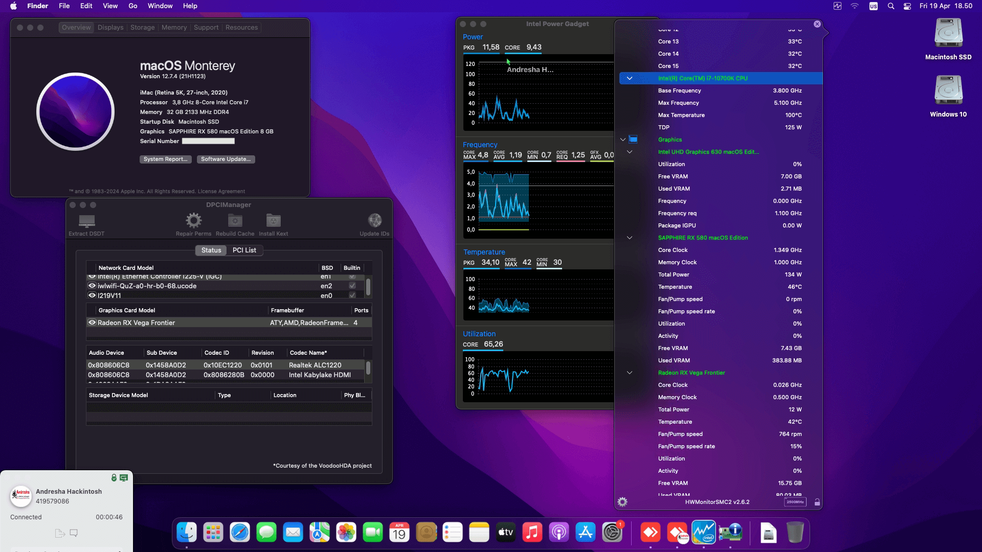 Success Hackintosh macOS Monterey 12.7.4 Build 21H1123 in Gigabyte Z490 Vision D + Intel Core i7 10700K + Sapphire RX 580 + Radeon Vega Frontier
